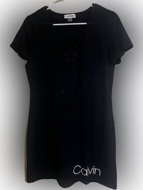 Calvin Klein navy blue Lace-Up Short Sleeve Shift Dress